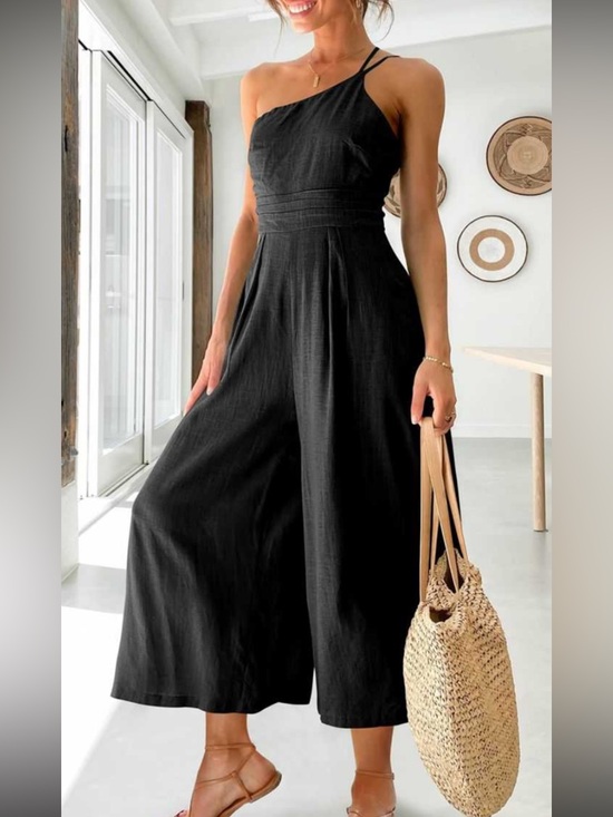 anrabess Pants - Black Spaghetti-Strap Wide-Leg Jumpsuit - Sleek Evening Romper